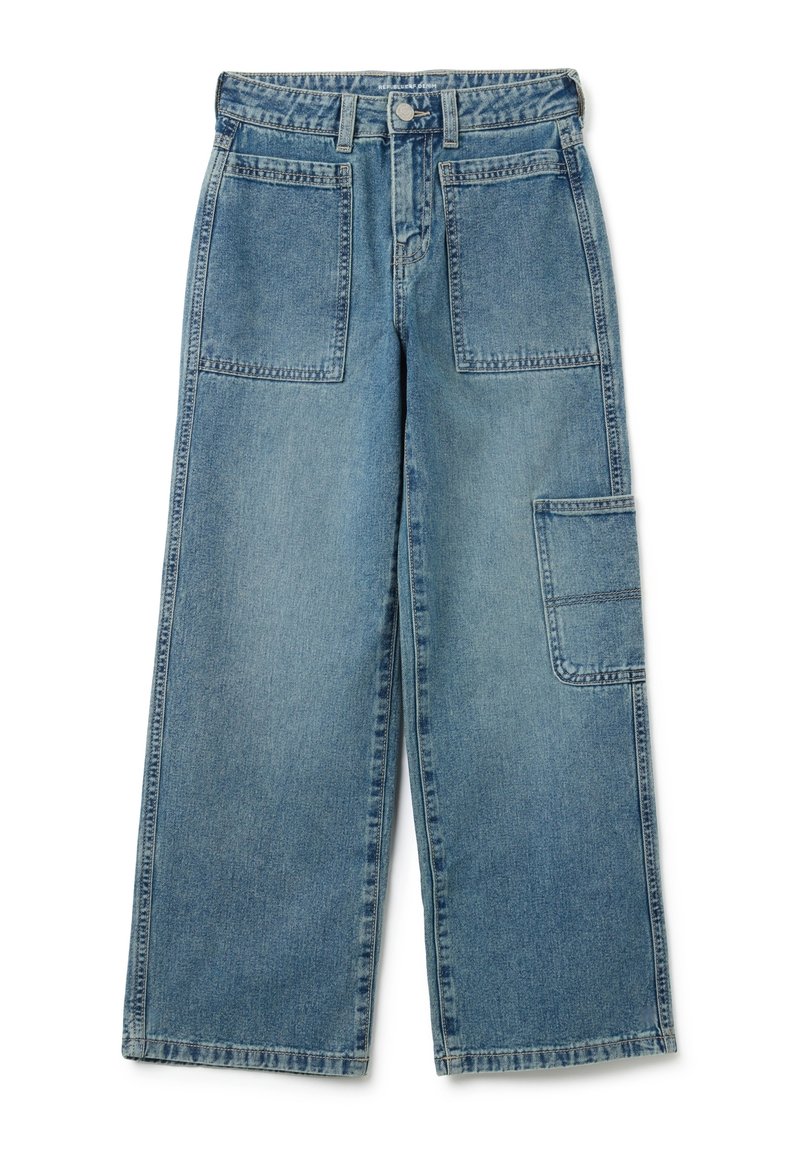 Pantalones vaqueros de denim azul de pierna ancha con un acabado descolorido, que cuentan con dos bolsillos frontales, un bolsillo cargo lateral y pasadores para el cinturón.