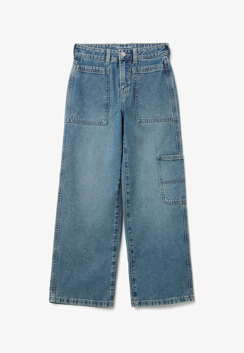 Pantalones vaqueros de denim azul de pierna ancha con un acabado descolorido, que cuentan con dos bolsillos frontales, un bolsillo cargo lateral y pasadores para el cinturón.