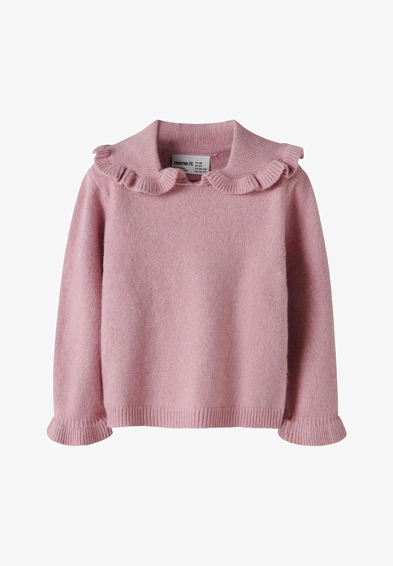 Pull en maille rose à manches longues avec col et poignets à volants, conçu pour les enfants.