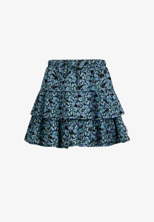 Jupe tiered florale avec une taille élastique. Le design présente un fond sombre avec des fleurs bleues et vertes, une texture douce et un ourlet volé.