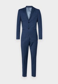 Dunkelblauer Anzug mit feinem Karomuster, ausgestattet mit einem Zweiknopf-Blazer und geraden Hosen. Hergestellt aus strukturiertem Stoff.