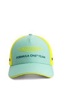 Czapka Aston Martin Formula One w miętowym zielonym kolorze z żółtymi akcentami. Posiada logo i nazwę marki w wytłoczonym ciemnozielonym kroju liter.