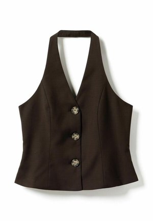 Top smanicato color marrone scuro con scollo a V profondo e tre grandi bottoni rotondi sulla parte anteriore, design con vita aderente.