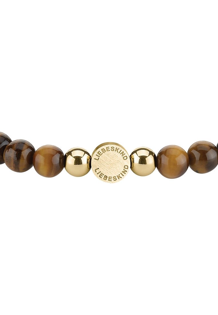 Beaded armband met bruine tiger's eye stenen en goudkleurige ronde accenten, met een centrale schijf gegraveerd met "LIEBESKIND."
