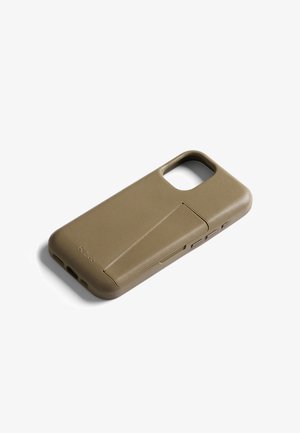 Slim olive green phone case with a built-in foldable stand and cutouts for camera and buttons, lying on a white surface.