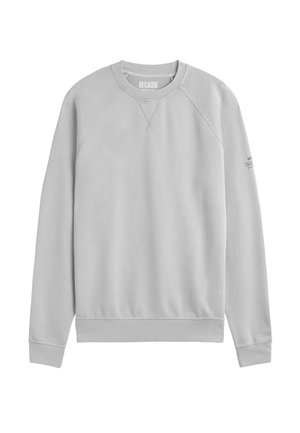 Light gray crewneck sweatshirt with long raglan sleeves, ribbed cuffs and hem, and small text on the left sleeve.