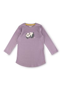 Purple long-sleeve shirt in soft cotton with a rounded hem, featuring a panda graphic on the front and a yellow accent at the neckline.