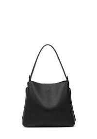 Borsa a tracolla in pelle nera con una forma morbida e strutturata, dotata di un'unica maniglia superiore e finitura testurizzata. Design minimalista, senza hardware visibile.