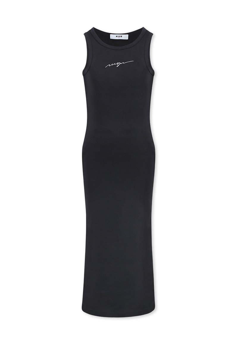 Abito maxi nero senza maniche con una vestibilità aderente, presenta un colletto rotondo e una scritta bianca in corsivo sul petto. Tessuto morbido ed elastico.