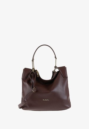 Sac à main en cuir marron foncé avec une surface texturée, des accessoires en or, une bandoulière unique et une fermeture éclair.