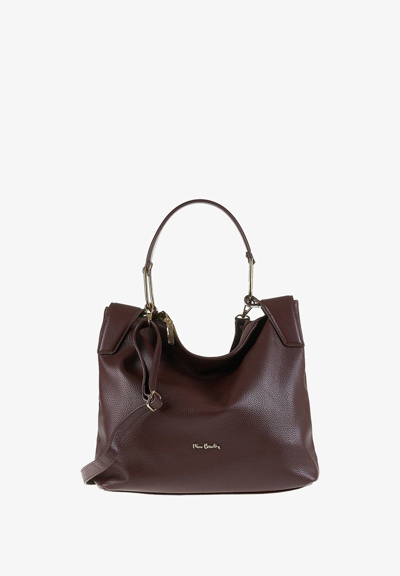 Donkerbruine leren handtas met een gestructureerd oppervlak, gouden hardware, een enkele schouderband en een ritssluiting.