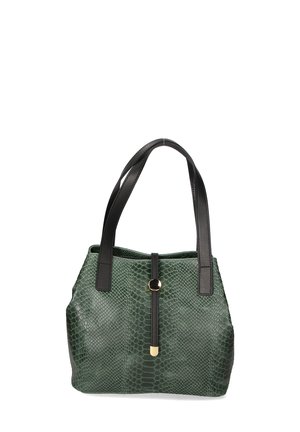 Sac fourre-tout en simili-cuir de serpent vert avec des poignées en cuir noir. Présente un accent doré et une ligne de fermeture éclair verticale. Forme structurée, surface texturée.