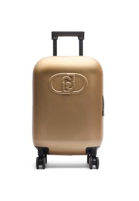 Valise rigide en or métallisé, dotée d'une surface lisse, d'un logo sculpté à l'avant, d'une poignée noire rétractable et de quatre roues noires.