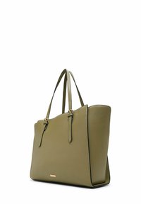 Sac fourre-tout vert olive au design épuré et structuré, en matière synthétique lisse, avec des finitions dorées et deux longues poignées.