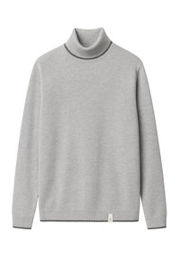 Grauer Rollkragenpullover aus weichem Strickstoff mit geripptem Kragen und Bündchen mit kontrastierender Einfassung. Etikett an der unteren Seite.