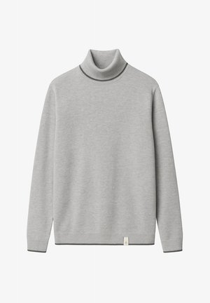Maglione dolcevita grigio realizzato in morbido tessuto lavorato a maglia, caratterizzato da collo e polsini a coste con rifinitura a contrasto. Etichetta sul lato inferiore.