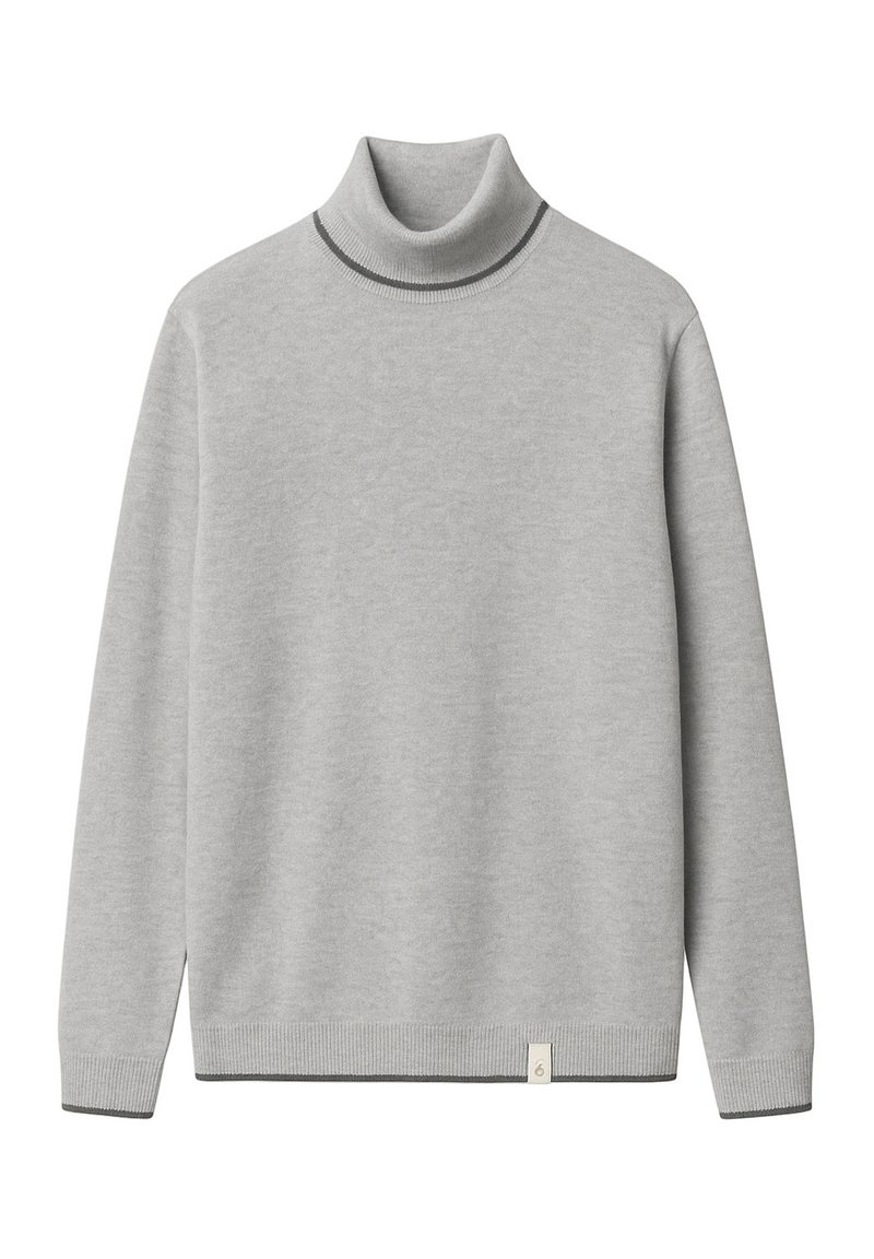 Grauer Rollkragenpullover aus weichem Strickstoff mit geripptem Kragen und Bündchen mit kontrastierender Einfassung. Etikett an der unteren Seite.