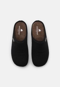 Black wool slippers with a soft suede insole, rounded shape, and minimal stitching details. Brand name displayed on inner sole.