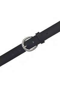 Ceinture en cuir noir avec une boucle ronde en argent, comportant plusieurs trous d'ajustement et une finition lisse.