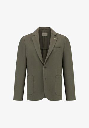Blazer verde oliva con una texture in cotone liscio, bavero a punta, due tasche frontali e chiusura con un solo bottone. Design su misura.
