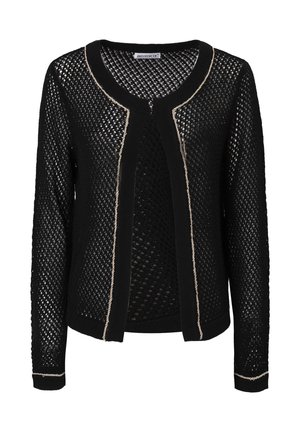 Schwarze Strickjacke aus offenem Muster mit rundem Halsausschnitt, die an der Vorderseite und an den Bündchen mit goldenen Akzenten verziert ist. Strukturiertes Mesh-Design.