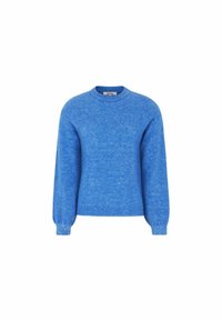Blauwe woltrui met een ronde hals, lange mouwen, geribde manchetten en zoom, met een zachte textuur en een gladde afwerking.