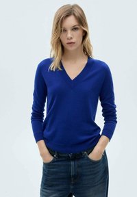Maglione blu a scollo a V realizzato in morbido tessuto a maglia, con maniche lunghe e polsini a coste. Indossato in modo casual con jeans in denim.