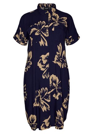 Tmavomodré košeľové šaty s krátkym rukávom, béžovým veľkým kvetinovým vzorom, zapínaním na gombíky, golierom a dvoma náprsnými vreckami.