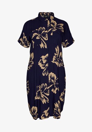 Tmavomodré košeľové šaty s krátkym rukávom, béžovým veľkým kvetinovým vzorom, zapínaním na gombíky, golierom a dvoma náprsnými vreckami.