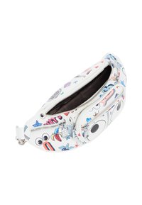 Borsa di tessuto bianca con motivi cartoon colorati, due scomparti con cerniera, forma arrotondata e superficie liscia con dettagli in metallo argentato.