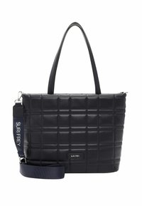 Černá prošívaná taška přes rameno z hladkého syntetického materiálu, se dvěma uchy a odnímatelným popruhem, označená "SURI FREY."