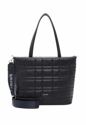 Sac fourre-tout matelassé noir en matériau synthétique lisse, dotée de deux poignées et d'une bandoulière amovible, étiqueté "SURI FREY".