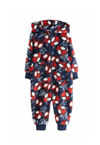 Futrzany kombinezon z kapturem, z niebieskim tłem, ozdobiony czerwonymi i białymi motywami Spider-Mana oraz pajęczynami. Zapinany z przodu na zamek błyskawiczny z kieszeniami.