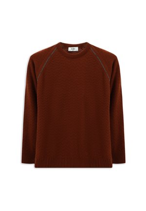 Bruine gebreide trui met een zigzagpatroon, ronde halslijn en geribbelde manchetten en zoom. Contraststiksels langs de schoudernaden.