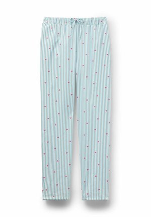 Lichtblauwe en witte verticale gestreepte broek met verspreide kleine roze hartjesprints en een tailleband met trekkoord.