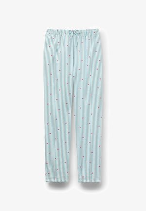 Pantalon à rayures verticales bleu clair et blanc avec des petits cœurs roses dispersés et une taille à cordon.