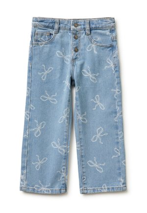 Hellblaue Denim-Hose mit weißen abstrakten Schleifenmustern, Knopfleiste mit drei Knöpfen sowie Vorder- und Gesäßtaschen.