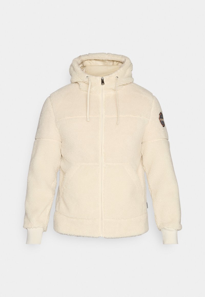 Cremefarbene Fleecejacke mit Kapuze, Frontreißverschluss, Kordelzügen, gerippten Bündchen und einem Logo-Patch am linken Ärmel.