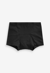 Schwarze Baumwoll-Boyshorts mit einer glatten Textur, breitem Bund und verstärkten Nähten; entworfen für Komfort und einen sicheren Sitz.