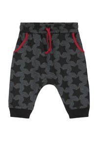 Grå sweatpants med sort stjernemønster, elastisk talje med rød snor og sidelommer. Cuffe ved anklen fuldender designet.