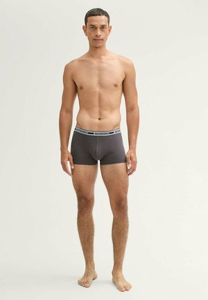 Grau Unterhosen mit einem schwarzen Taillenbund, der Logo-Text aufweist. Der Stoff wirkt glatt und enganliegend, der Kontrast zum nackten Skin.