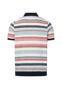 Gestreepte polo met korte mouwen. Kleuren zijn lichtblauw, rood, crèmekleurig en marineblauw. Heeft een marineblauwe kraag en een getextureerde stof.