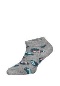 Chaussette grise en tissu mélangé, ornée d'un motif de papillons multicolores en teal et rose sur la surface.