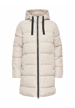 Šviesiai smėlinė pūkinė striukė su gobtuvu, su priekiniais užtrauktukais, juodais virveliais ir siuvinėtu dizainu su horizontaliomis dalimis.