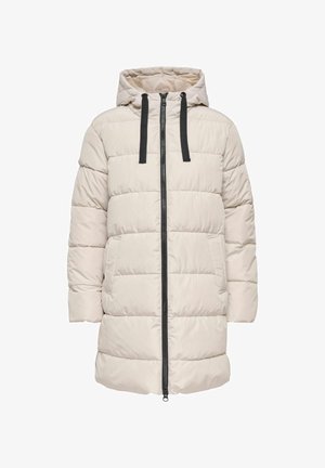 Svetlo bež puffa jakna s kapuco, ki ima sprednji zadrgo, črne vrvice in prešito zasnovo z vodoravnimi odseki.