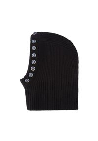 Berretto lavorato a maglia nero con una texture a coste e bottoni decorativi su un lato. I bottoni sono circolari con accenti colorati.