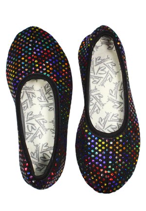 Black ballet flats featuring a pattern of multicolored rhinestones. Soft fabric upper with a rounded toe and elasticized trim for a secure fit.