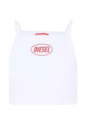 Crop top blanc sans manches avec fines bretelles et logo Diesel rouge imprimé au centre devant.