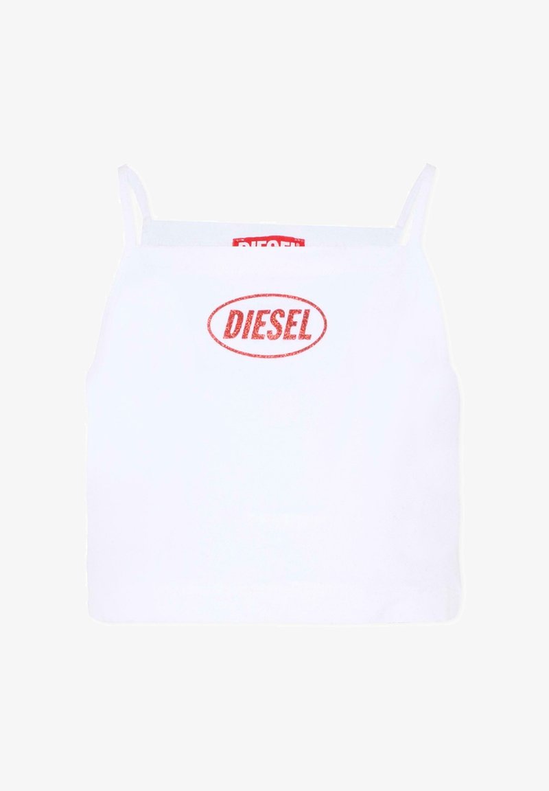 Crop top blanc sans manches avec fines bretelles et logo Diesel rouge imprimé au centre devant.