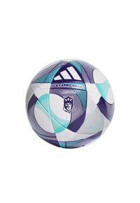 Adidas nogometna lopta s bijelim i ljubičastim geometrijskim dizajnom, koja sadrži teksturirane panela i logo lava. Veličina je oznacena kao 5.